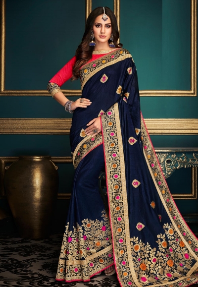 Navy blue satin embroidered saree with blouse  10615